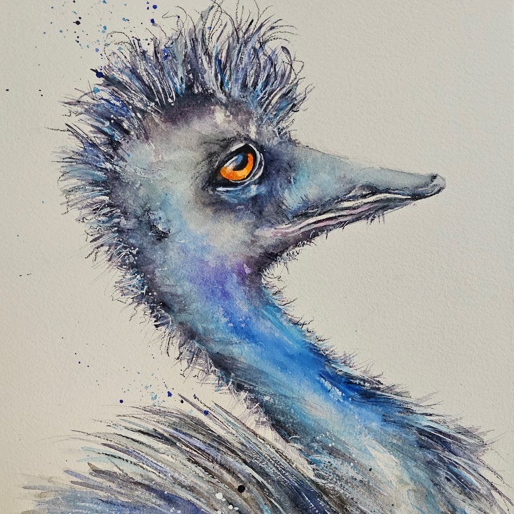 Watercolor character painting of an emu featuring blue, gray, and black feathered details with a bright orange eye.