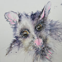 Watercolor painting of a small grey possum, with pink inner ears and nose, large brown eyes, and pink claws, on a light background.